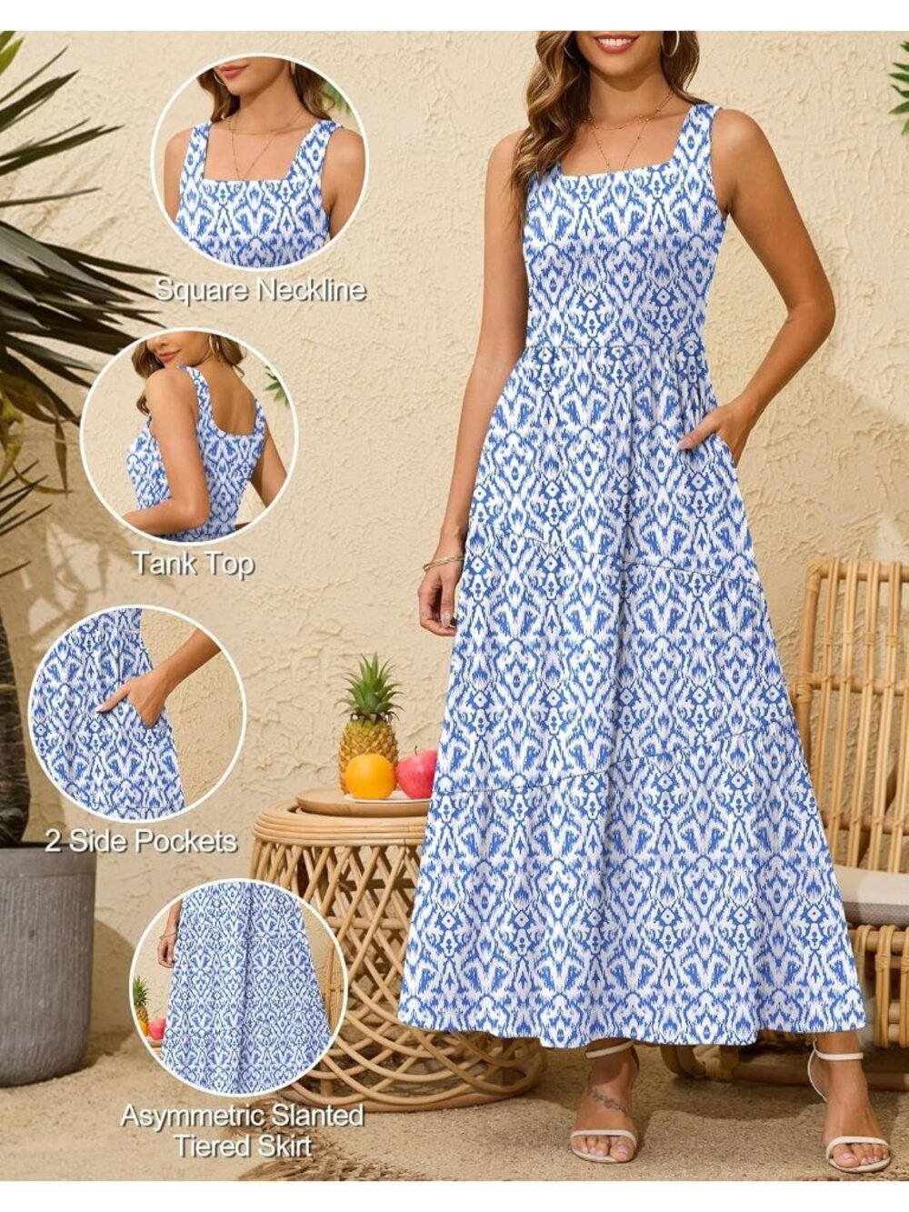 Women's Floral Blue White Long Beach Sundress Square Neck Tank Tiered Maxi Dress - Picture 4 of 6